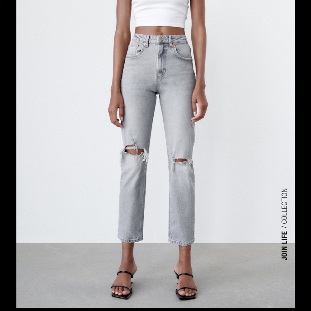 Zara Slim Fit High Rise Ripped Jeans in Light gray